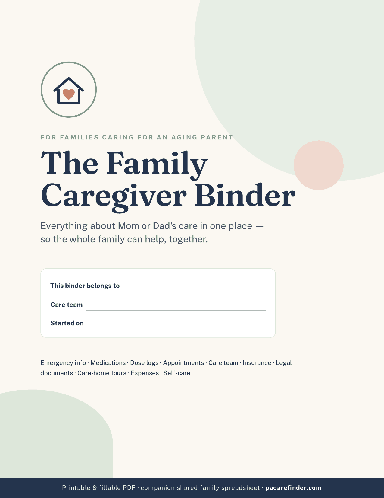 Cover page of the Family Caregiver Binder