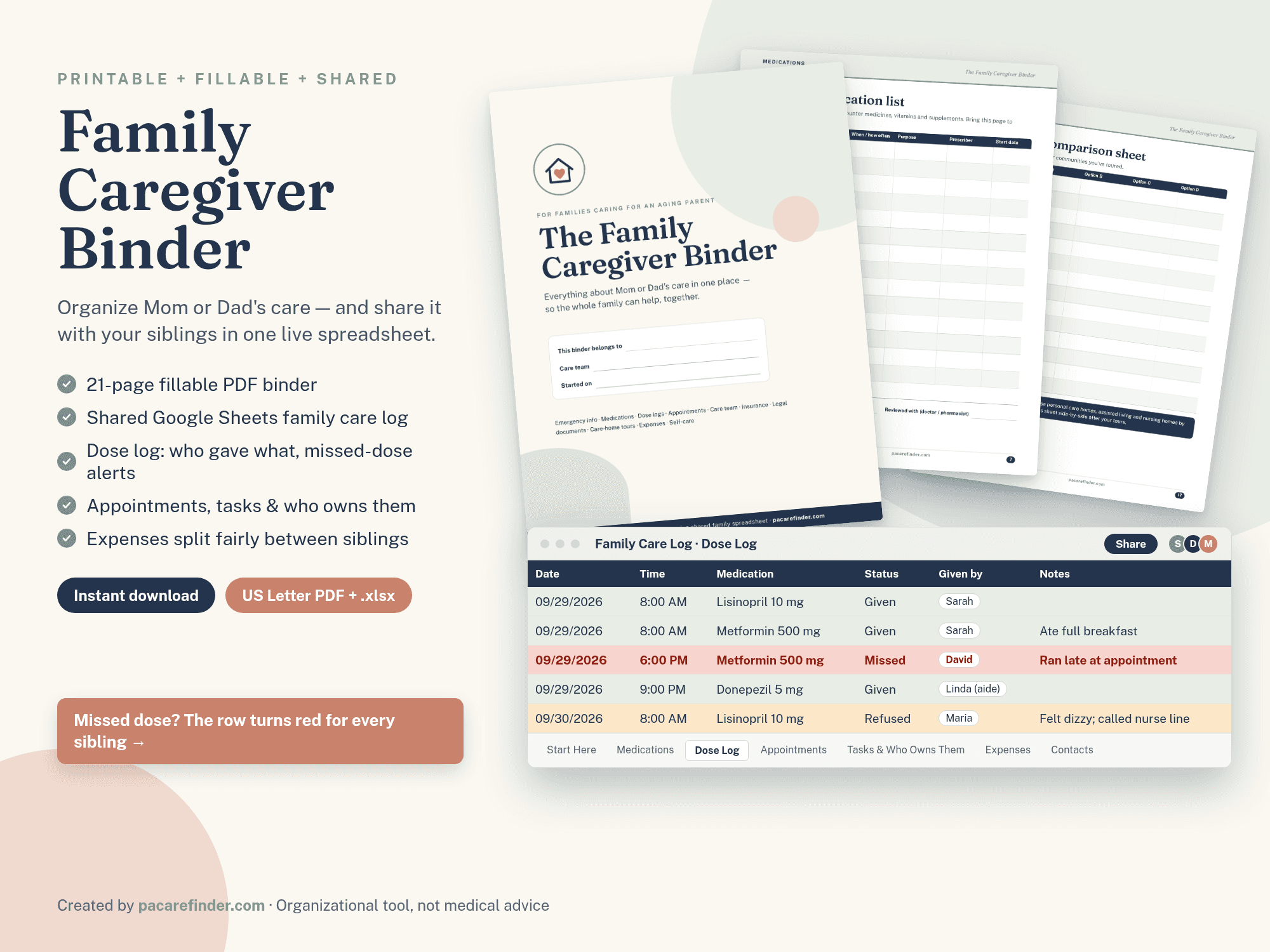 Family Caregiver Binder mockup showing fillable PDF pages and a shared Family Care Log spreadsheet