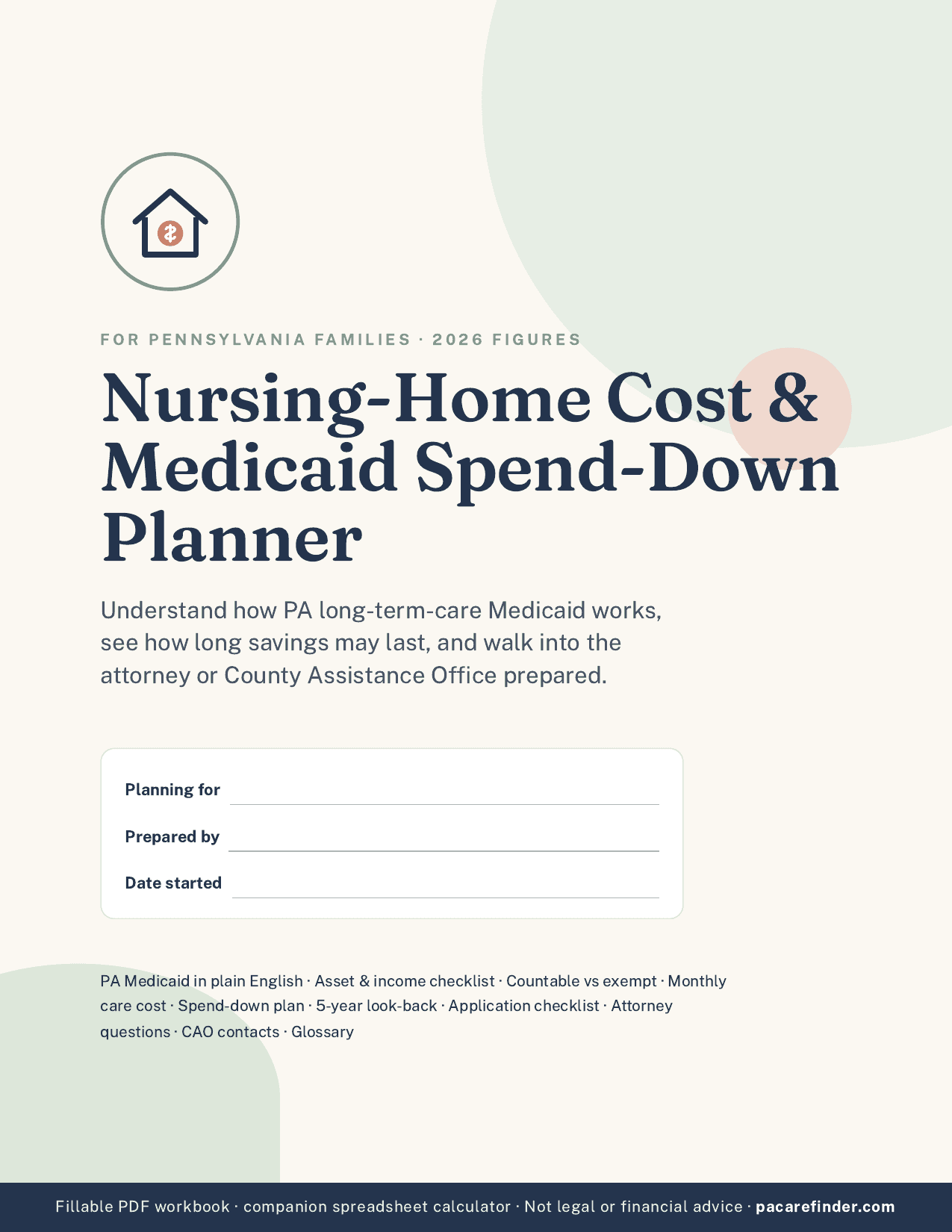 Cover page of PA Nursing Home Cost & Medicaid Spend-Down Planner