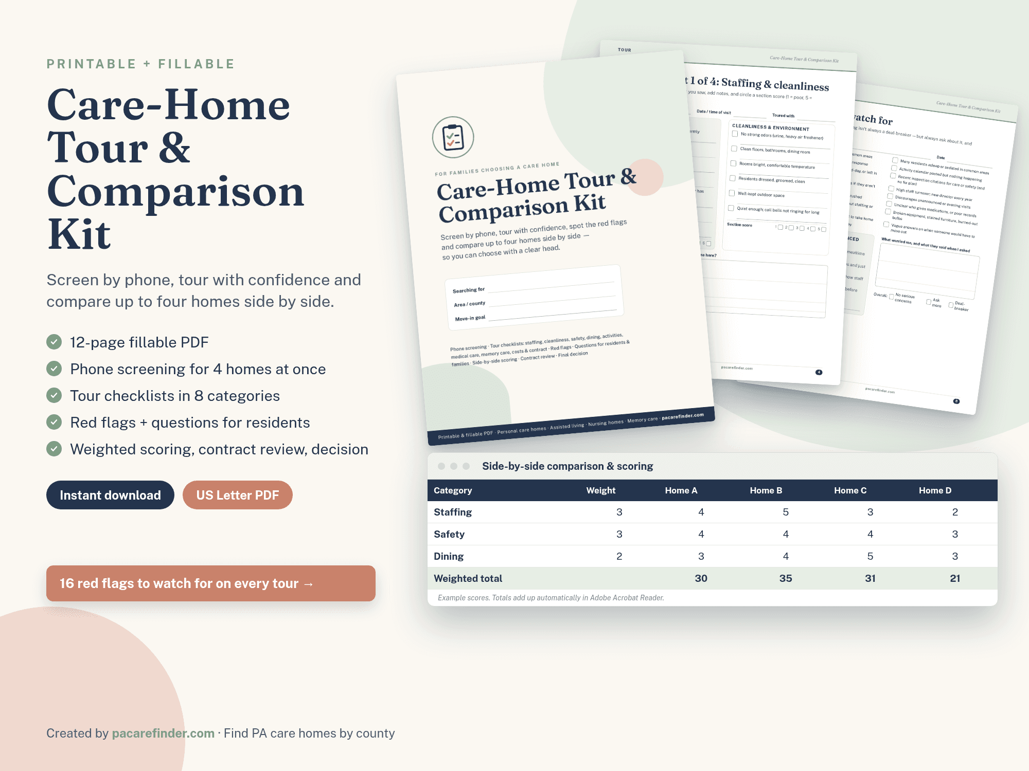 Care Home Tour & Comparison Kit mockup with checklist pages
