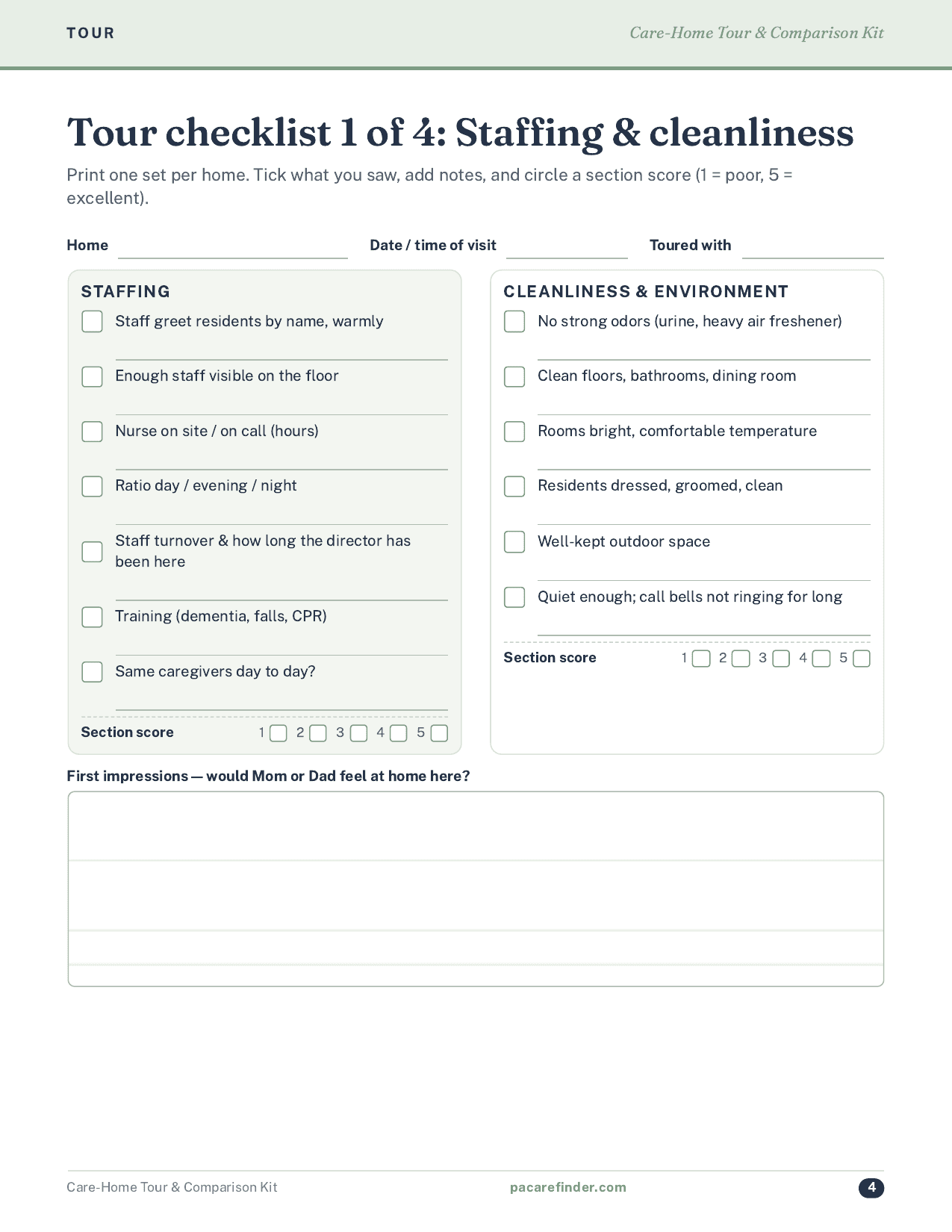 Tour checklist pages for staffing and cleanliness